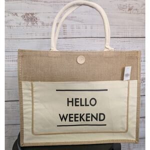 Boho "Hello Weekend" Large Burlap Jute Tote Bag Cottagecore Beach Travel NWT
